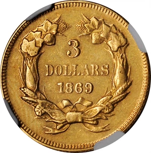 image for: 1869 Three-Dollar Gold Piece. AU-55 (NGC).