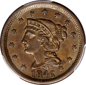 image for: 1846 Braided Hair Cent. N-14. Rarity-3. Tall Date. AU-55 (PCGS).