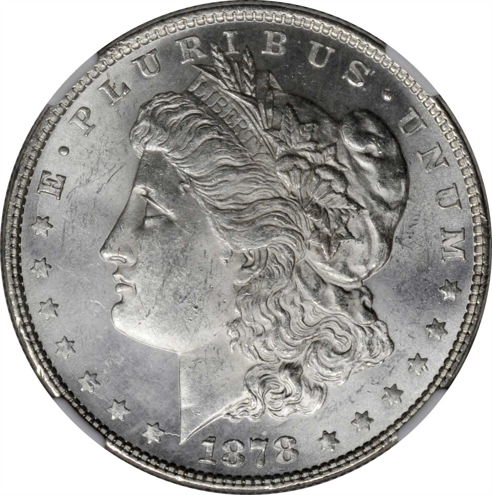 image for: 1878 Morgan Silver Dollar. 8 Tailfeathers. VAM-14.4. Hot 50 Variety. Concave Reverse. MS-62 (NGC).