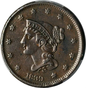 image for: 1839 Braided Hair Cent. Braided Hair. N-8. Rarity-1. Head of 1840. EF-45 (PCGS).