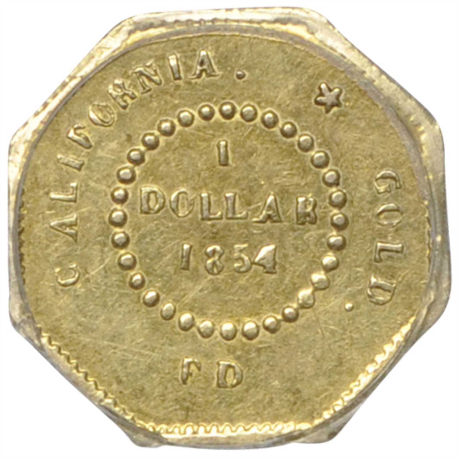 image for: 1854-FD Octagonal $1. BG-510. Rarity-5-. Liberty Head. AU-55 (PCGS).