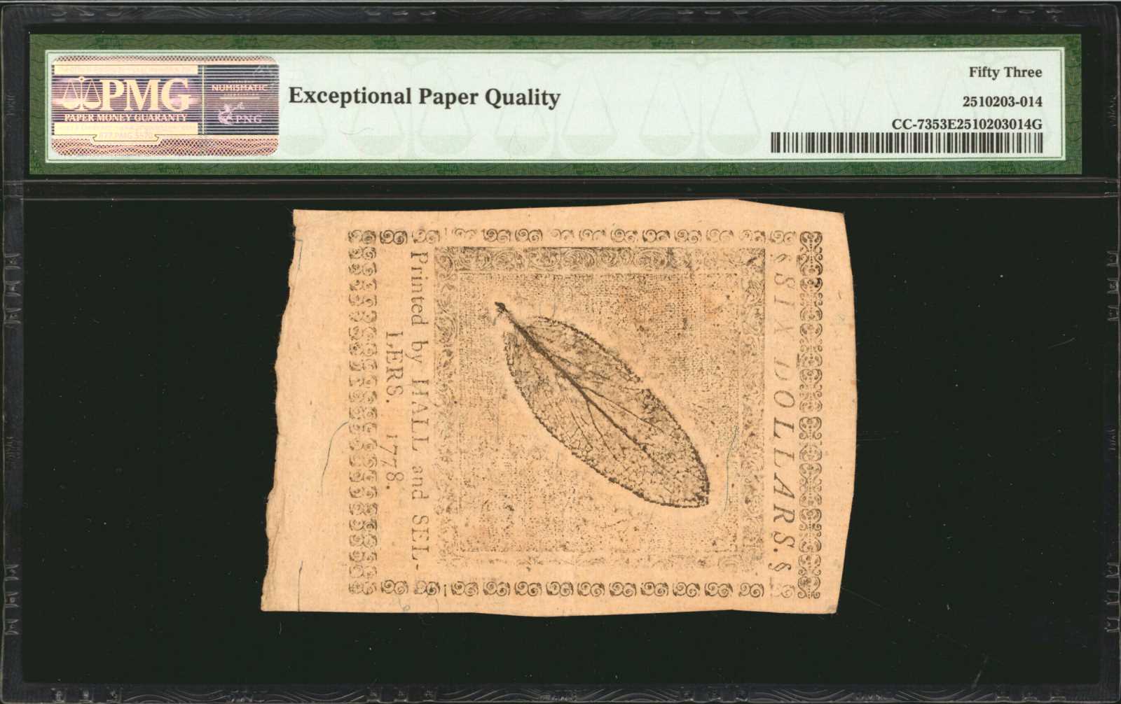 image for: CC-73. Continental Currency. April 11, 1778. $6. PMG About Uncirculated 53 EPQ.