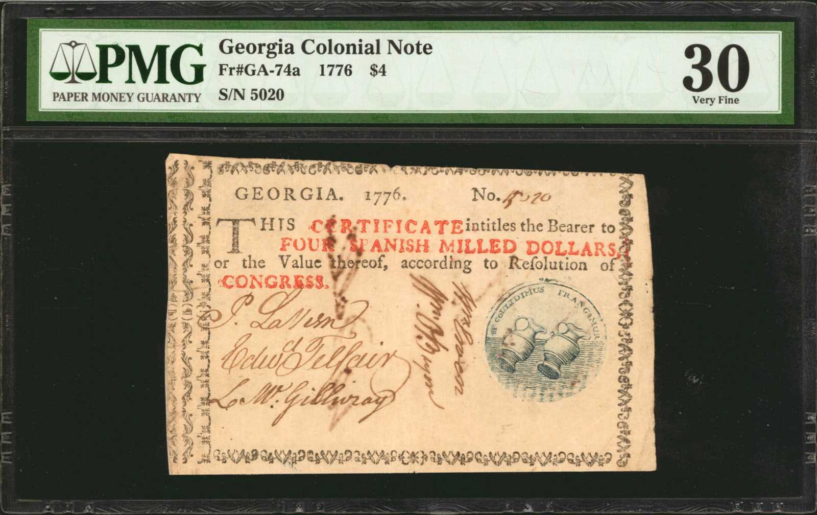 1776 $4 Georgia, Jugs (Fr. GA74a)