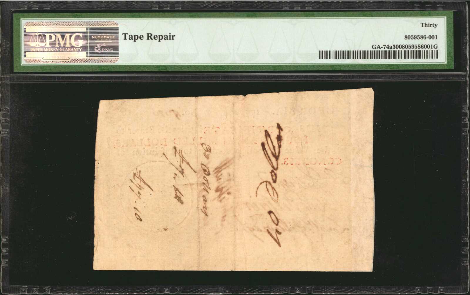 image for: GA-74a. Georgia. 1776. $4. PMG Very Fine 30.