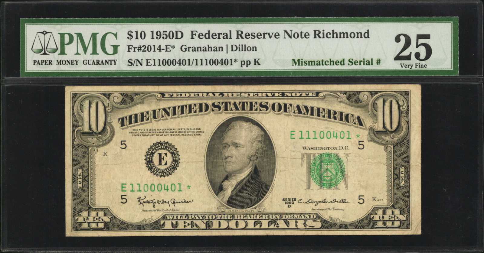 image for: Fr. 2014-E*. 1950D $10 Federal Reserve Star Note. Richmond. PMG Very Fine 25. Mismatched Serial Numbers.