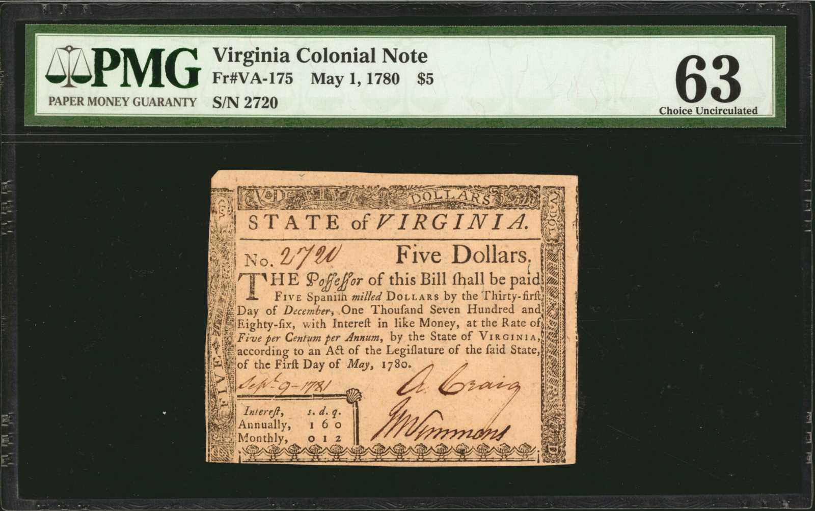 image for: VA-175. Virginia. May 1, 1780. $5. PMG Choice Uncirculated 63.