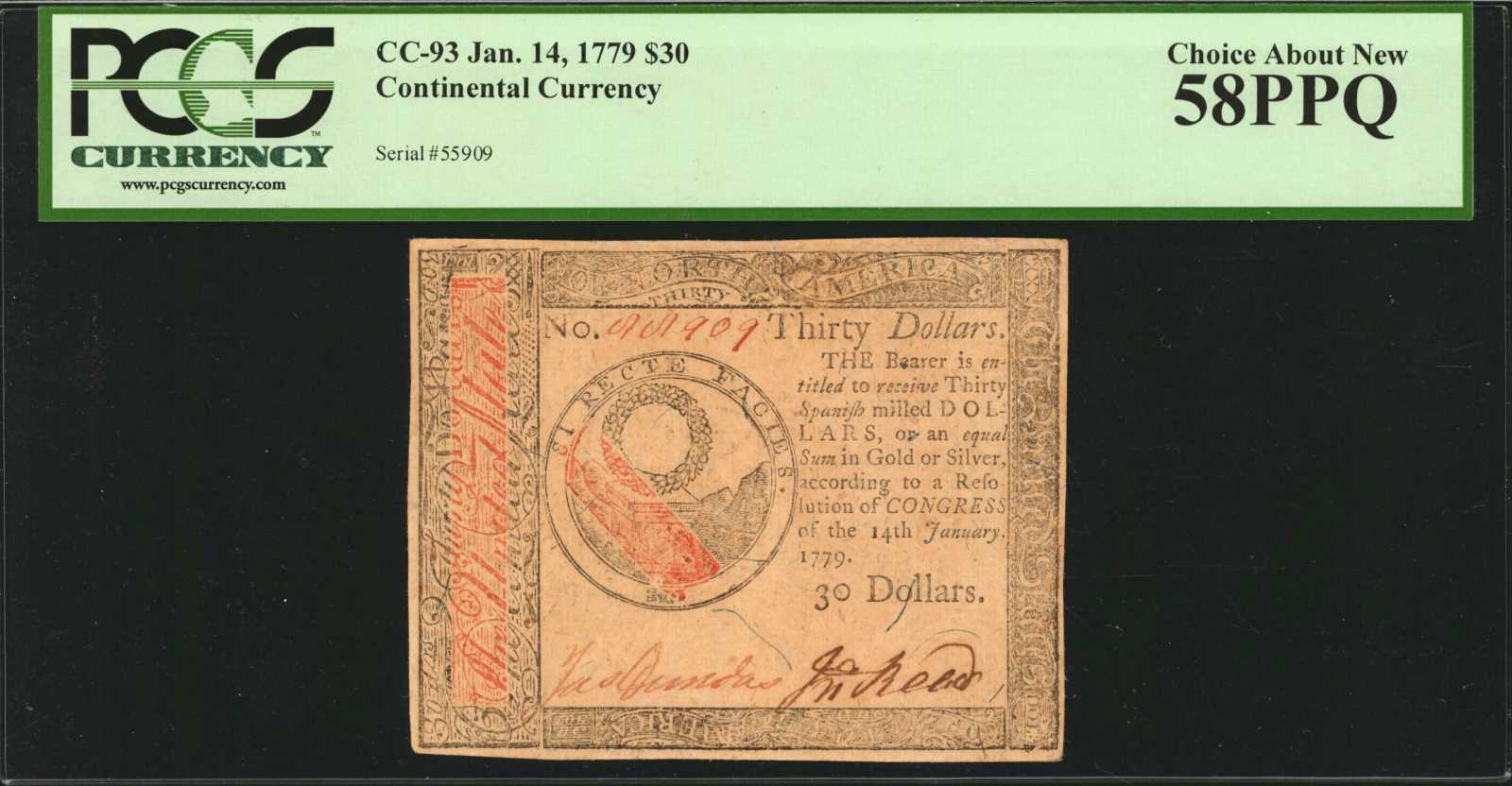 image for: CC-93. Continental Currency. January 14, 1779. $30. PCGS Currency Choice About New 58 PPQ.