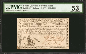 image for: SC-157. South Carolina. February 8, 1779. $80. PMG About Uncirculated 53.