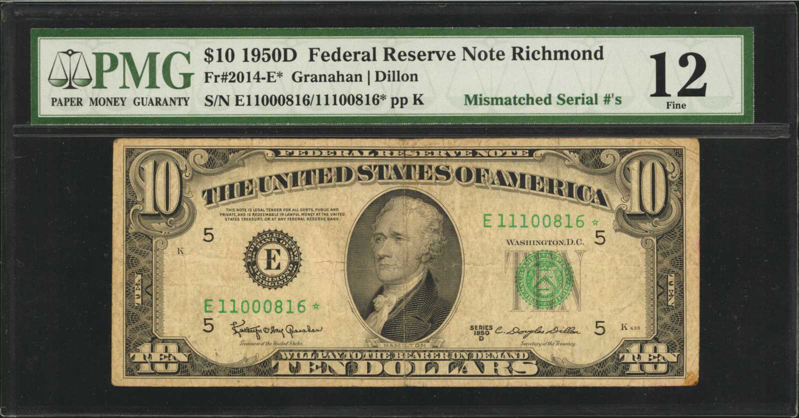 image for: Fr. 2014-E*. 1950D $10 Federal Reserve Star Note. Richmond. PMG Fine 12. Mismatched Serial Numbers.