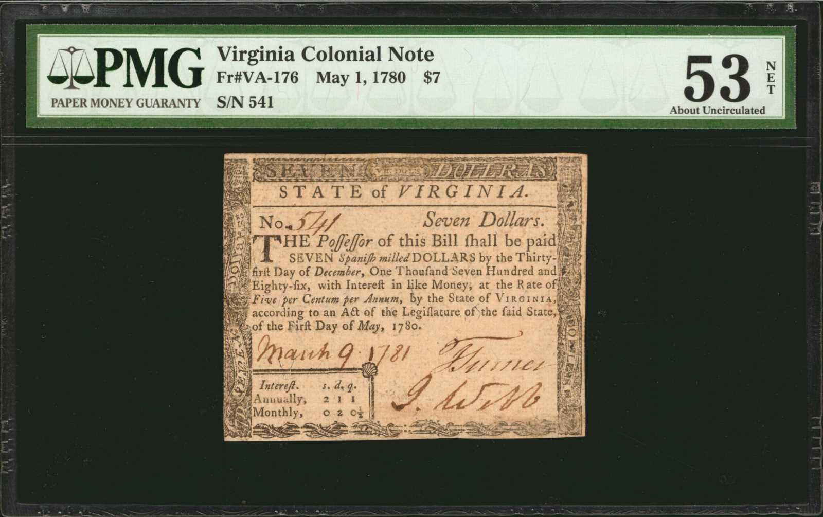 image for: VA-176. Virginia. May 1, 1780. $7. PMG About Uncirculated 53 Net. Previously Mounted.