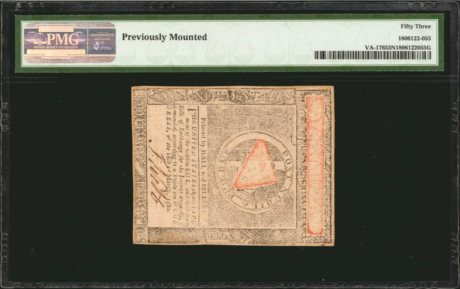 image for: VA-176. Virginia. May 1, 1780. $7. PMG About Uncirculated 53 Net. Previously Mounted.
