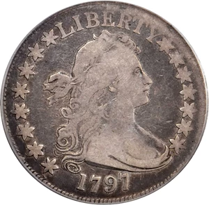 image for: 1797 Draped Bust Half Dollar. Small Eagle. O-102, T-2. Rarity-5+. 15 Stars. Fine-12 (PCGS).