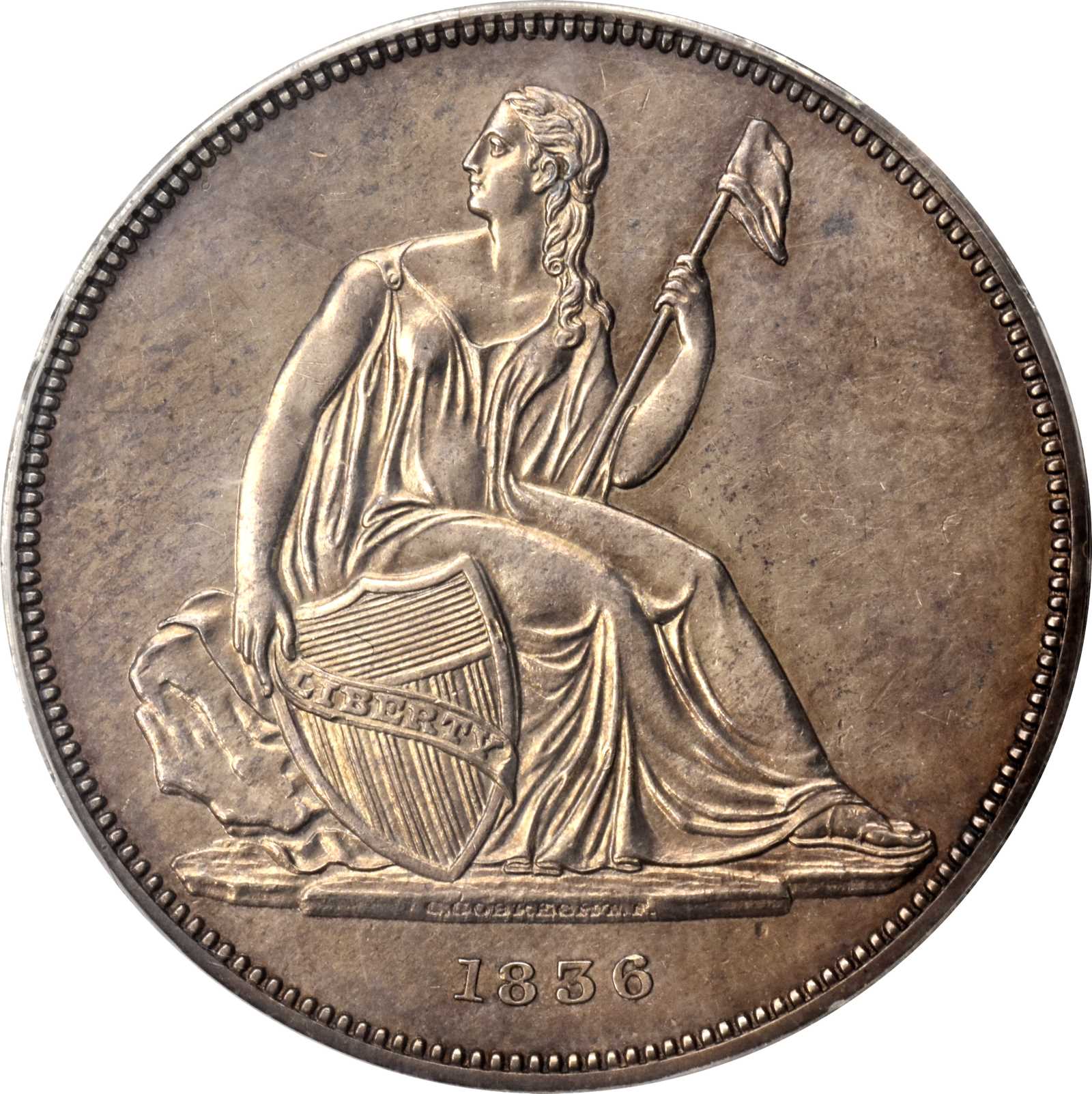 image for: 1836 Gobrecht Silver Dollar. Name on Base. Judd-60 Original, Pollock-65. Rarity-1. Dannreuther Reverse Die State D. Silver. Plain Edge. Die Alignment I. Proof-62 (ANACS).