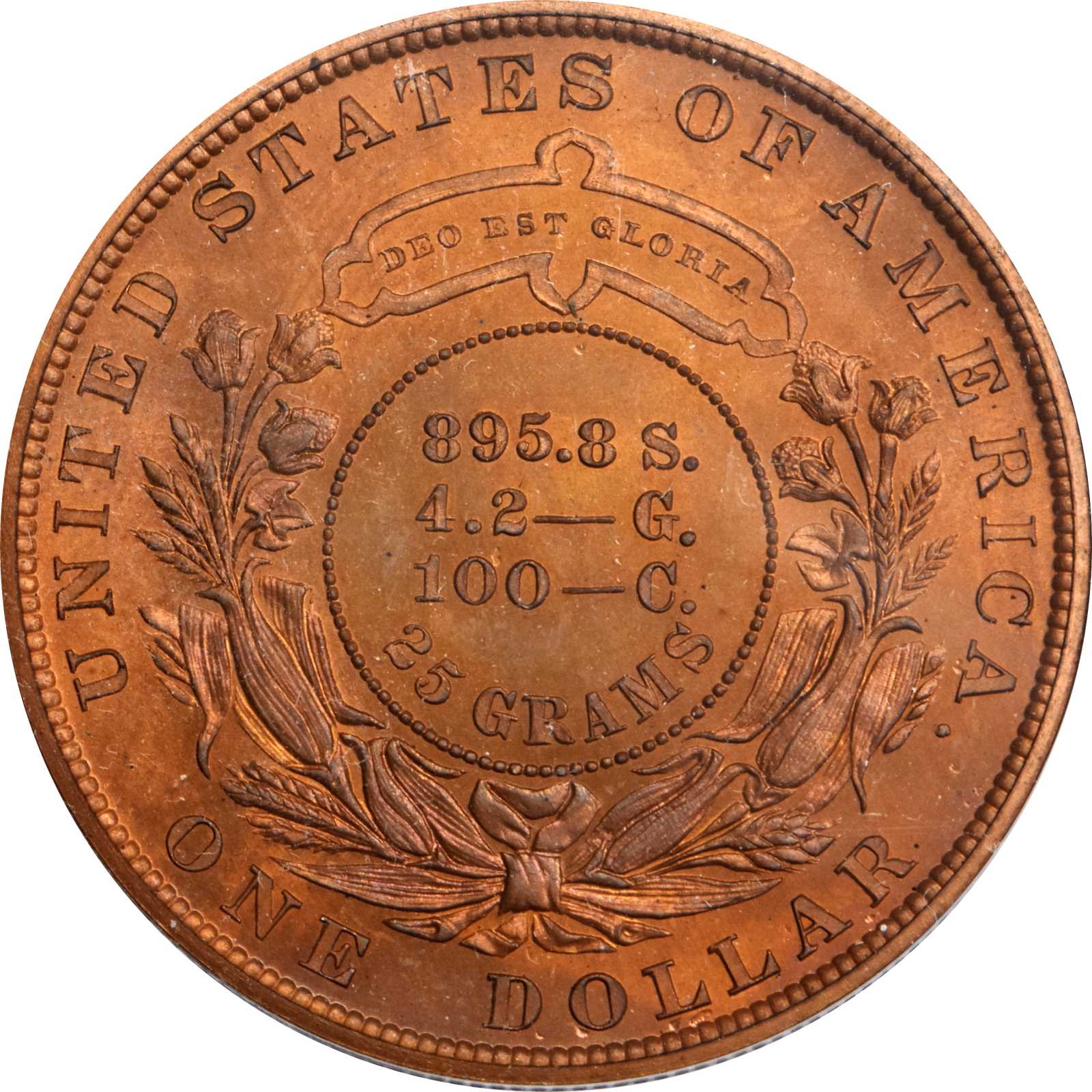 image for: 1879 Pattern Metric Dollar. Judd-1623, Pollock-1819. Rarity-7-. Copper. Reeded Edge. Proof-65 RD (PCGS).