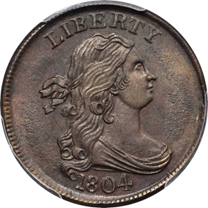 image for: 1804 Draped Bust Half Cent. C-12. Rarity-2. Crosslet 4, Stemless Wreath. MS-63 BN (PCGS).