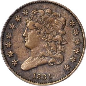 image for: 1831 Classic Head Half Cent. C-1, the only known dies. Rarity-6-. EF-45 (PCGS).