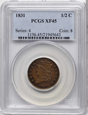 image for: 1831 Classic Head Half Cent. C-1, the only known dies. Rarity-6-. EF-45 (PCGS).