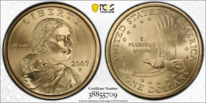 image for: 2007-P Sacagawea Dollar. Satin Finish. Specimen-69 (PCGS).