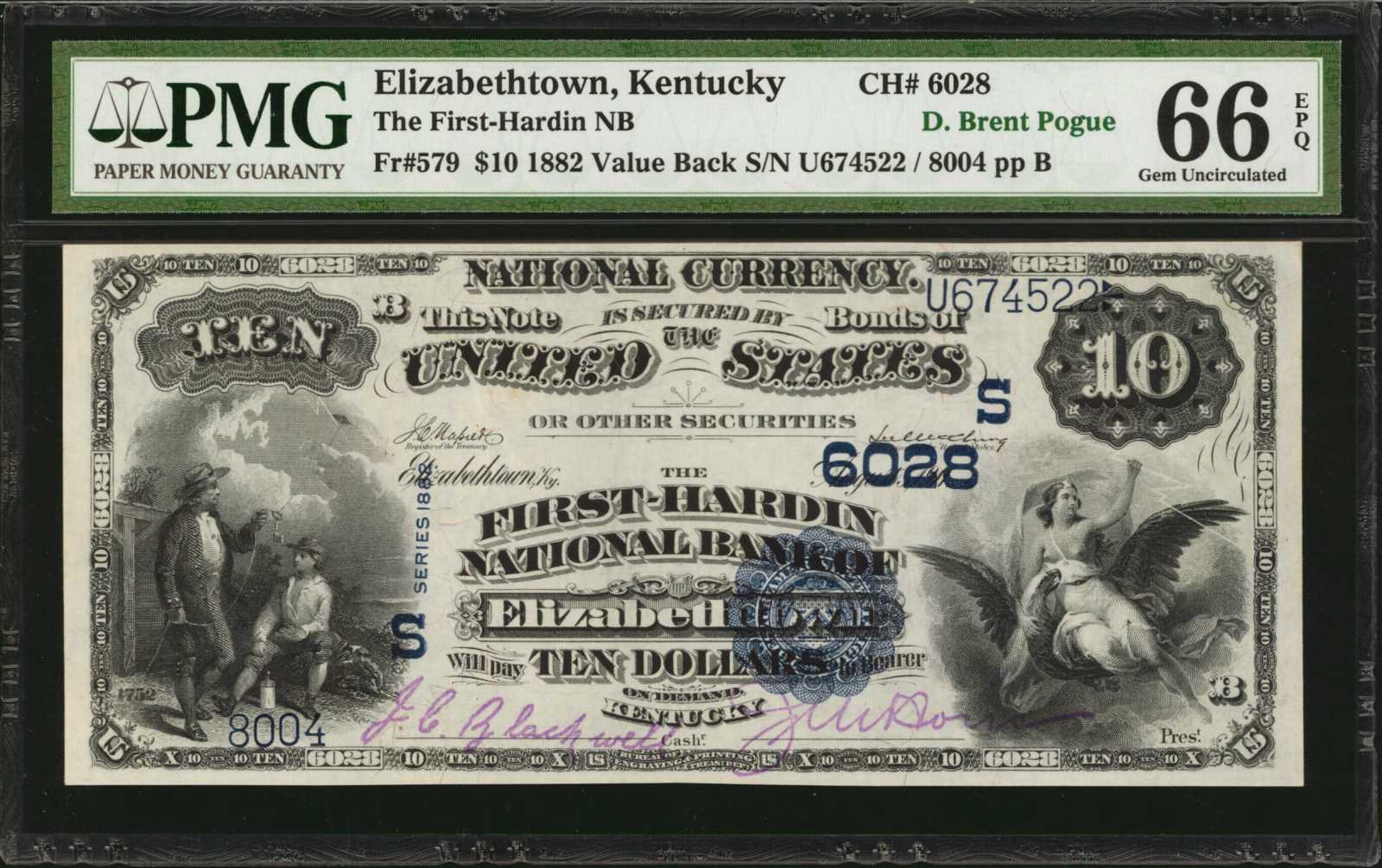 image for: Elizabethtown, Kentucky. $10  1882 Value Back. Friedberg 579. The Hardin NB. Charter #6028. PMG Gem Uncirculated 66 EPQ.
