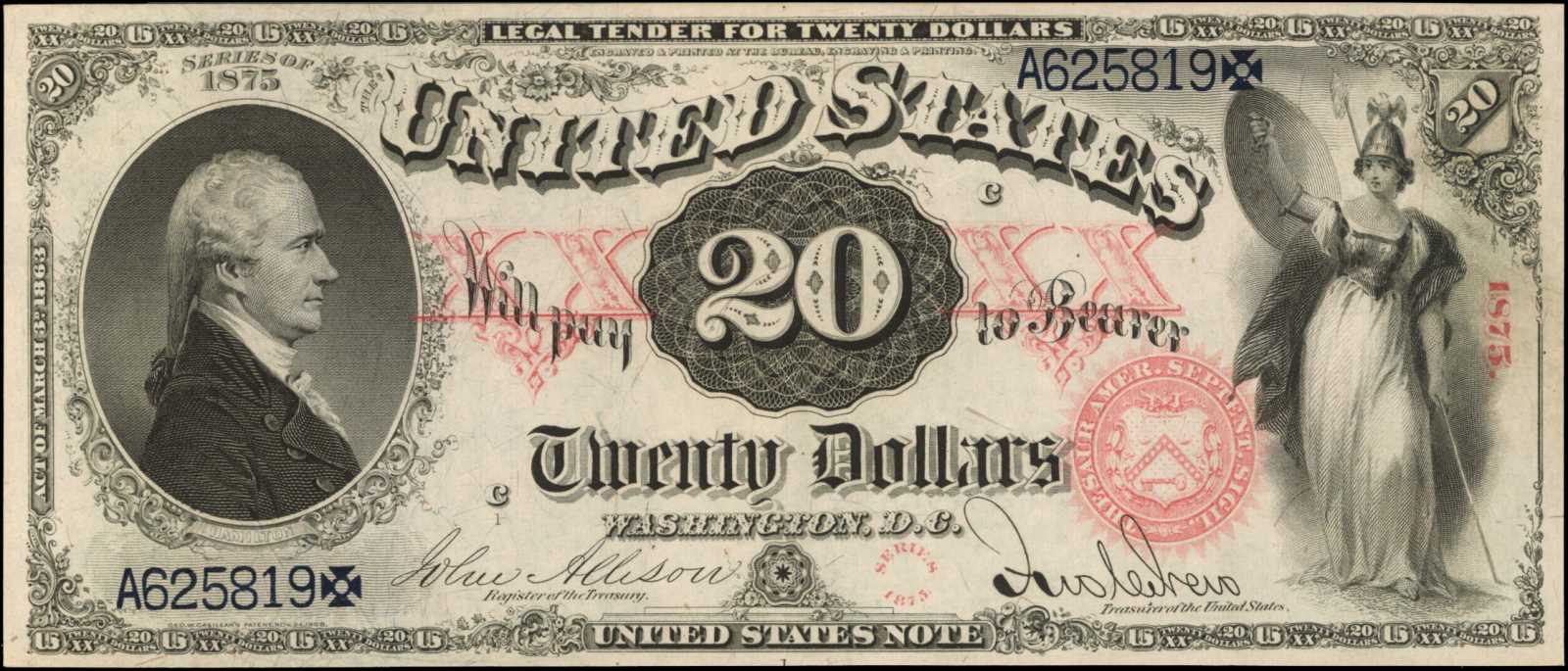 image for: Friedberg 128. 1875 $20 Legal Tender Note. PMG Gem Uncirculated 65 EPQ.