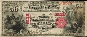 image for: Lincoln, Illinois. $50 1875. Friedberg 449. The First NB. Charter #2126. PMG About Uncirculated 55. Serial Number 1.