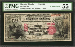 image for: Lincoln, Illinois. $50 1875. Friedberg 449. The First NB. Charter #2126. PMG About Uncirculated 55. Serial Number 1.