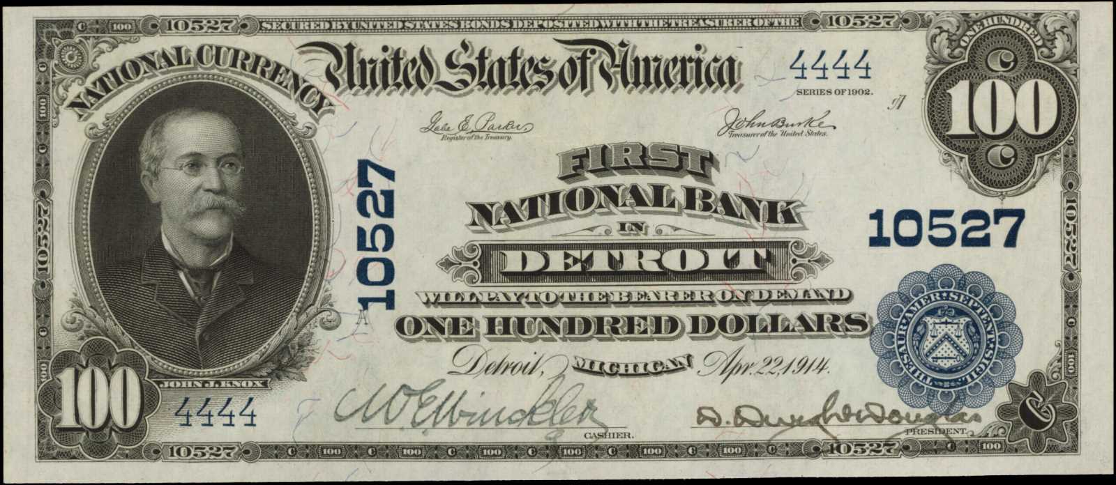 image for: Detroit, Michigan. $100  1902 Plain Back. Friedberg 703. First NB in Detroit. Charter #10527. PMG Gem Uncirculated 65 EPQ. Solid Serial Number.