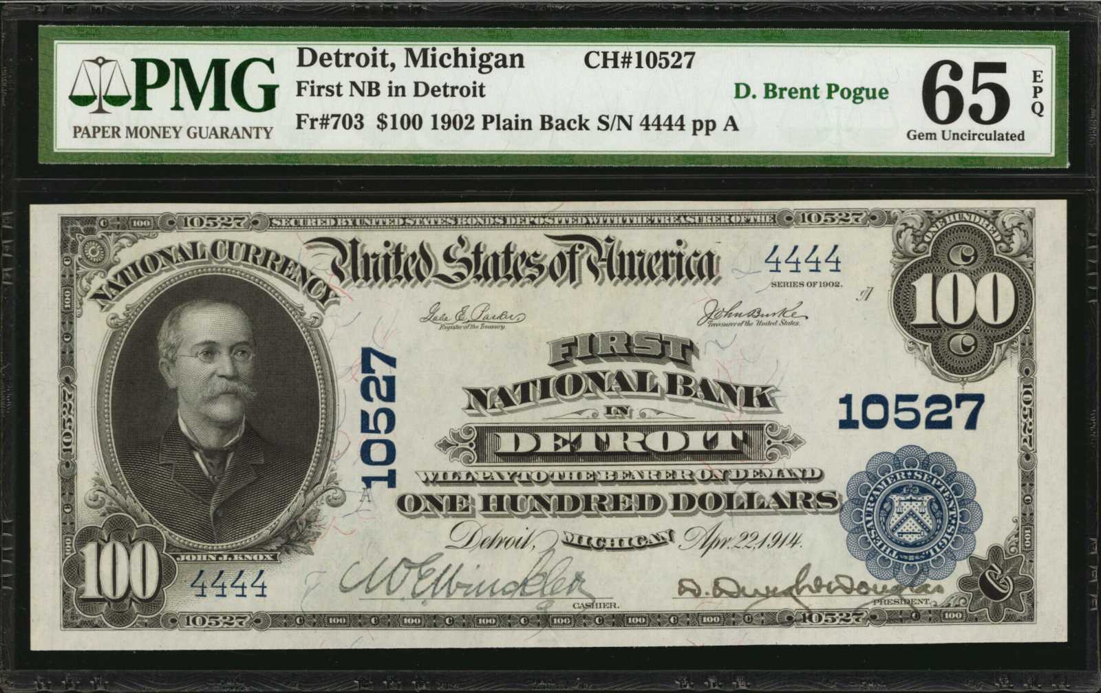image for: Detroit, Michigan. $100  1902 Plain Back. Friedberg 703. First NB in Detroit. Charter #10527. PMG Gem Uncirculated 65 EPQ. Solid Serial Number.