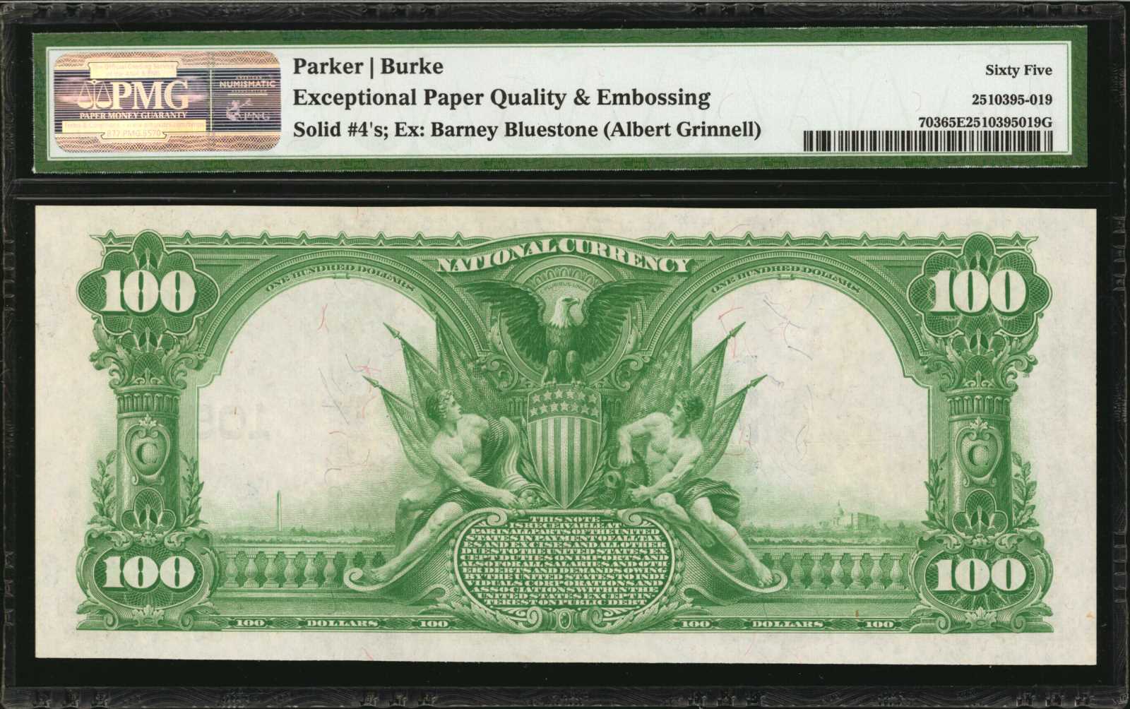 image for: Detroit, Michigan. $100  1902 Plain Back. Friedberg 703. First NB in Detroit. Charter #10527. PMG Gem Uncirculated 65 EPQ. Solid Serial Number.