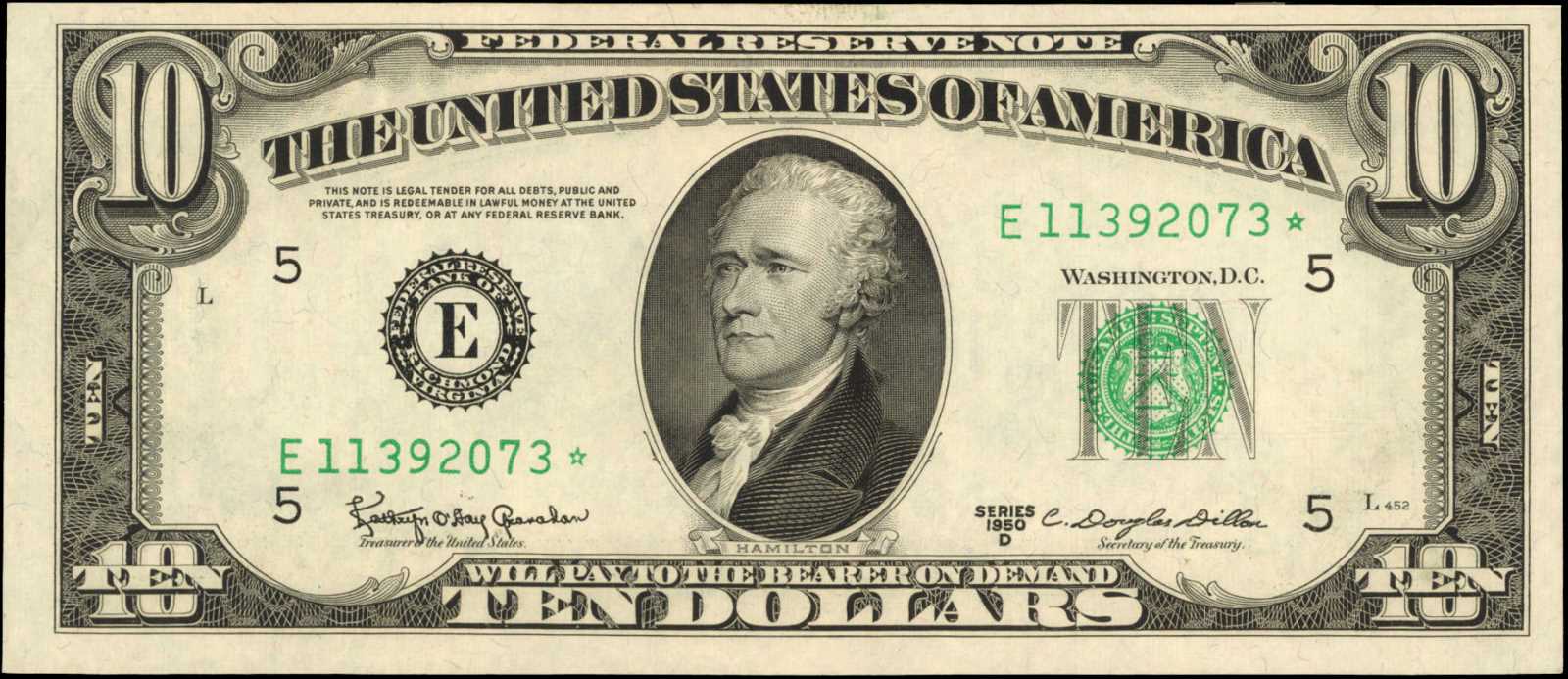 image for: Friedberg 2014-E*. 1950D $10  Federal Reserve Star Note. Richmond. PMG Gem Uncirculated 65 EPQ.