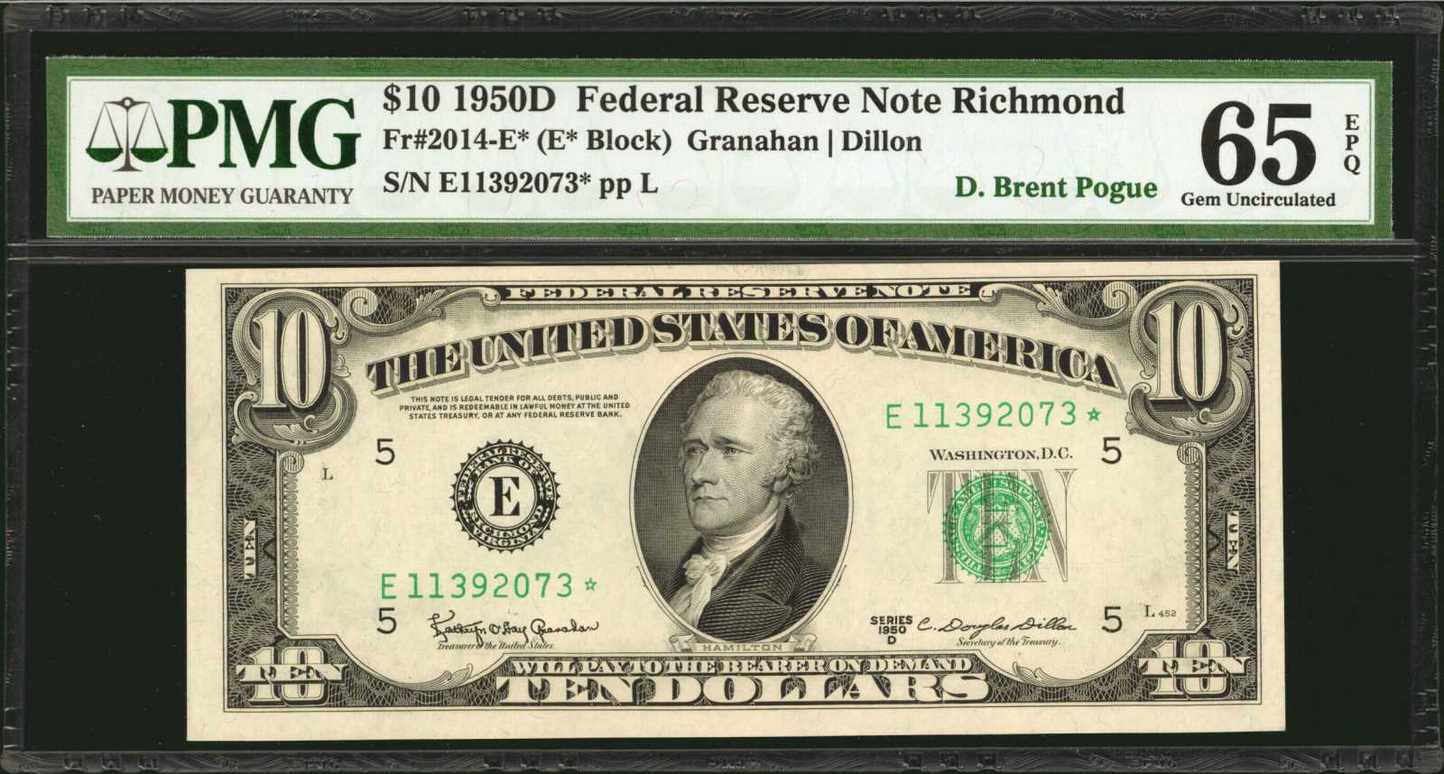 image for: Friedberg 2014-E*. 1950D $10  Federal Reserve Star Note. Richmond. PMG Gem Uncirculated 65 EPQ.