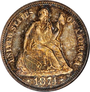 image for: 1874 Liberty Seated Dime. Arrows. Proof-64 (NGC).