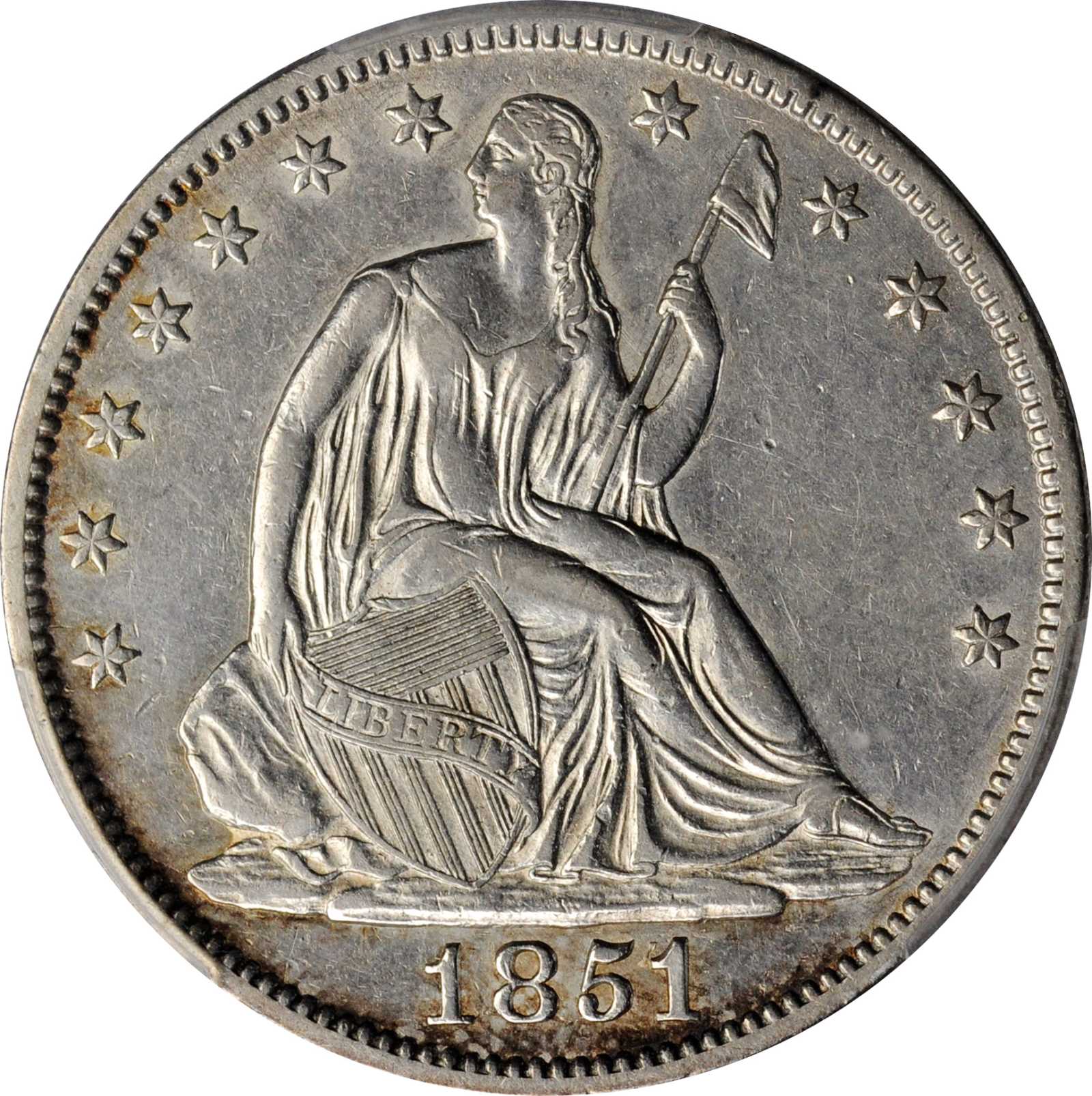 image for: 1851 Liberty Seated Half Dollar. WB-2. Rarity-4. Repunched Date. EF-45 (PCGS).