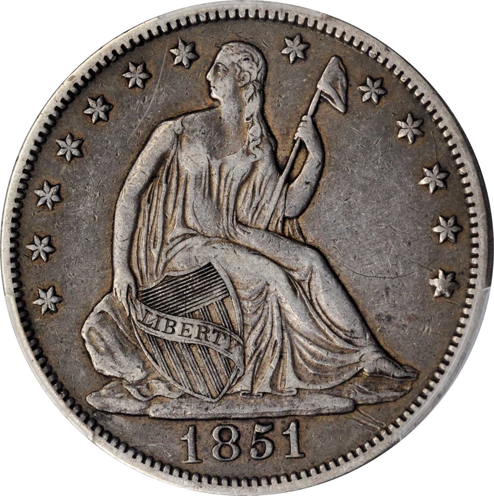 image for: 1851 Liberty Seated Half Dollar. WB-5. Rarity-4. Repunched Date. EF-40 (PCGS). CAC.