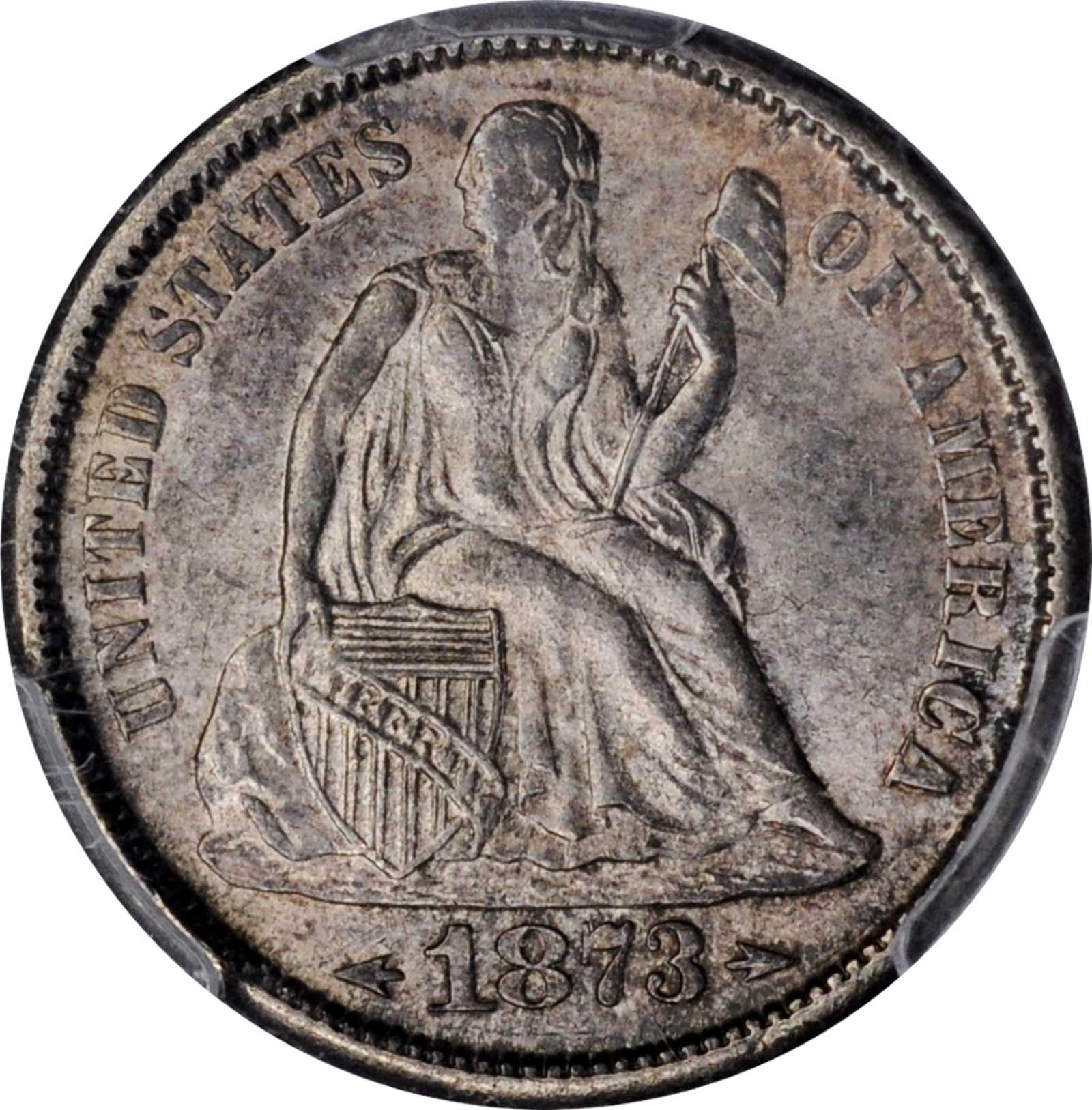 image for: 1873-S Liberty Seated Dime. Arrows. Fortin-101. Rarity-4. Repunched Date, Small Thin S. MS-63 (PCGS).