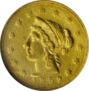 image for: 1852 Wass, Molitor & Co. $10. K-4. Rarity-5. Large Head, Wide Uneven Date. AU-50 (NGC).