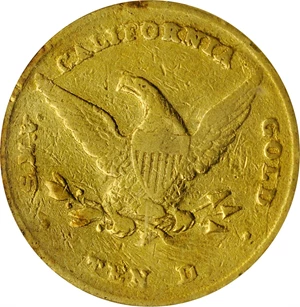 image for: 1852 Wass, Molitor & Co. $10. K-4. Rarity-5. Large Head, Wide Uneven Date. AU-50 (NGC).