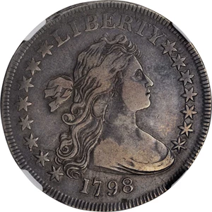 image for: 1798 Draped Bust Silver Dollar. Small Eagle. BB-81, B-2. Rarity-3. 15 Stars on Obverse. VF-30 (NGC).