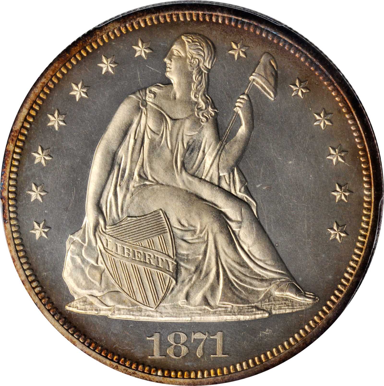 image for: 1871 Liberty Seated Silver Dollar. OC-P1. Rarity-2. Proof-64+ Cameo (PCGS).