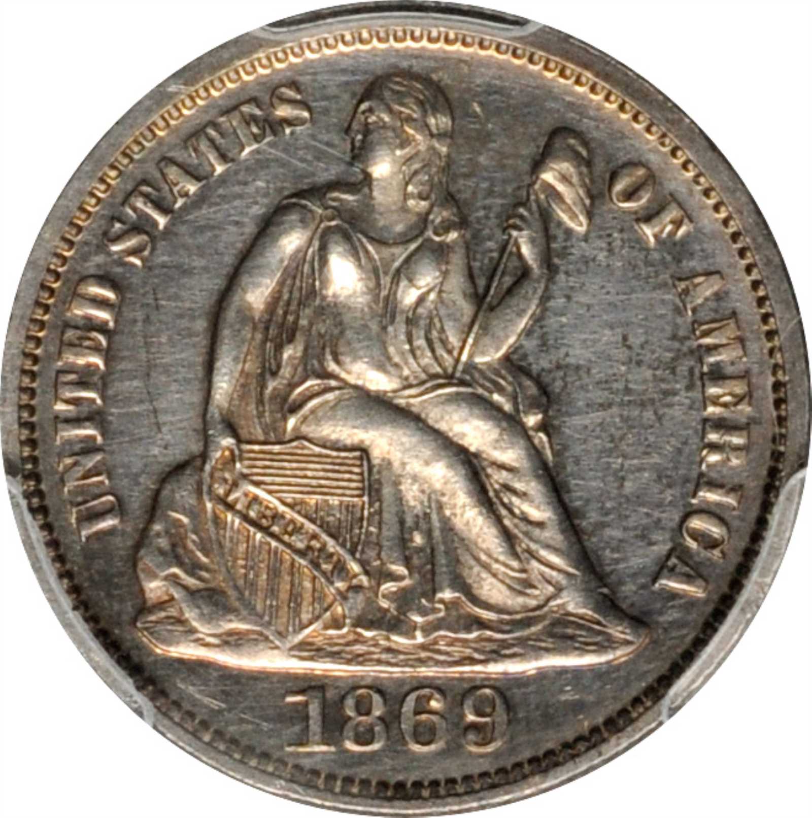 image for: 1869 Liberty Seated Dime. Proof-61 (PCGS).