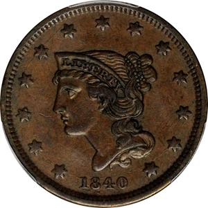 image for: 1840 Braided Hair Cent. N-3. Rarity-1. Small Date. AU-55 (PCGS).