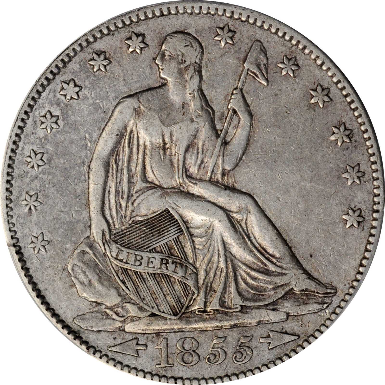 image for: 1855/54 Liberty Seated Half Dollar. Arrows. WB-102, FS-301. VF-35 (PCGS).