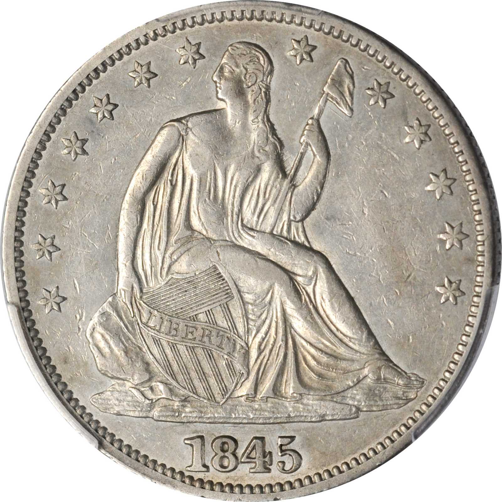 image for: 1845 Liberty Seated Half Dollar. WB-1. Rarity-3. Repunched Date. EF-45 (PCGS).
