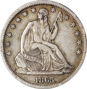 image for: 1865-S Liberty Seated Half Dollar. WB-7. Rarity-2. Repunched Date, Small Thin S. EF-45 (PCGS).