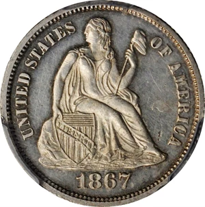 image for: 1867 Liberty Seated Dime. Fortin-103. Rarity-5. Repunched Date. Proof-61 (PCGS).