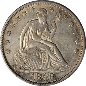 image for: 1848 Liberty Seated Half Dollar. WB-7. Rarity-3. Repunched Date. EF-40 (PCGS).
