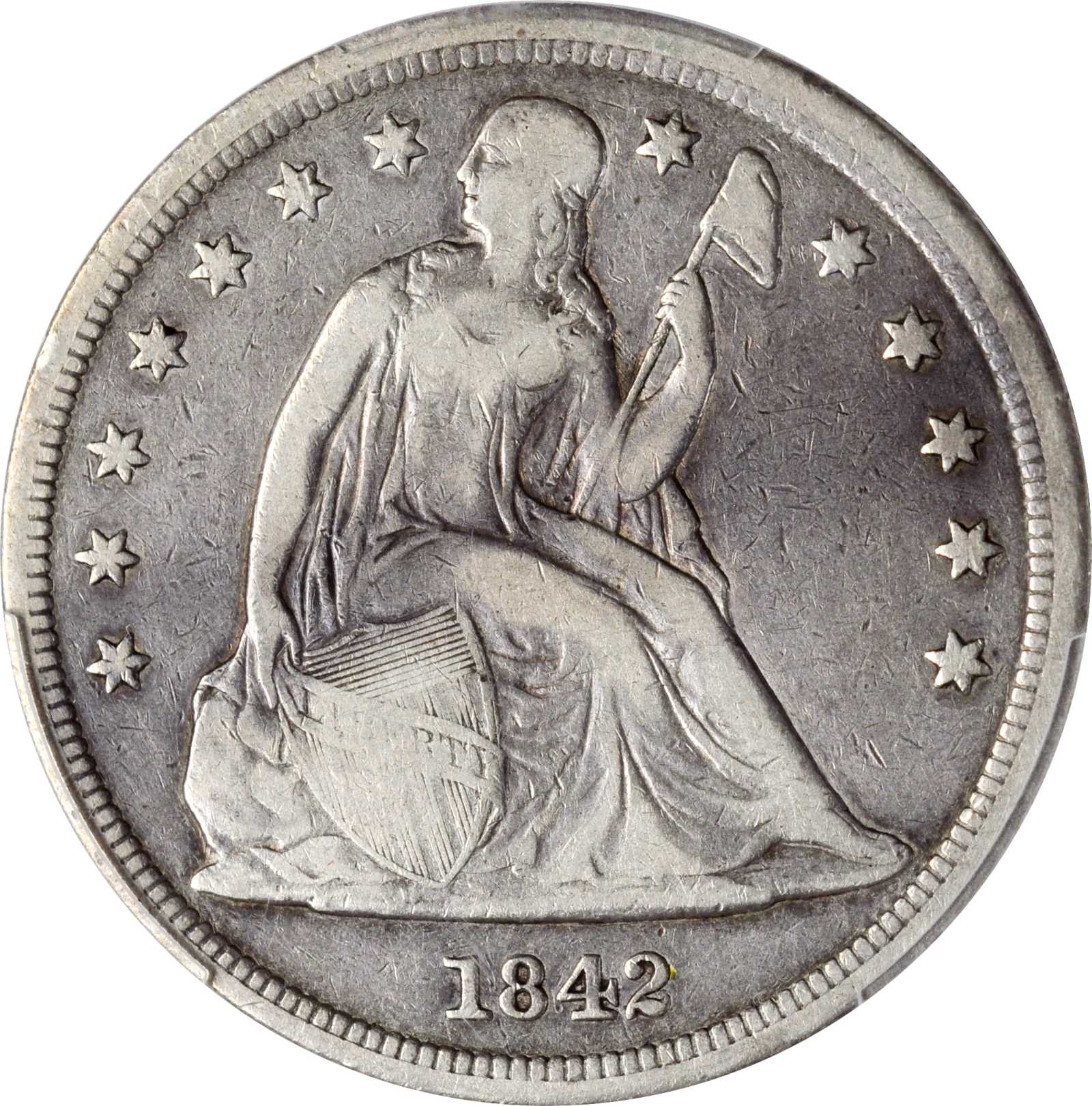 1842 Liberty Seated Silver Dollar. OC-4. Rarity-1. Fine-15 (PCGS).
