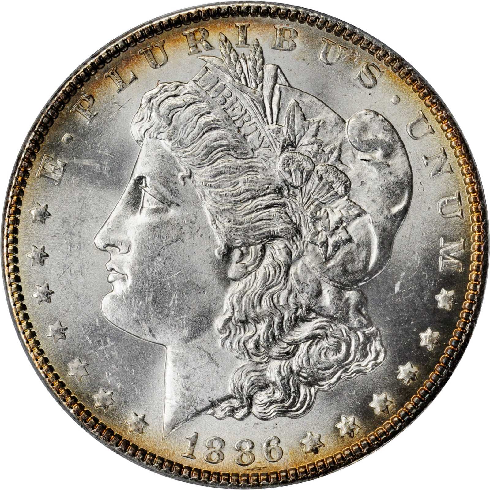 image for: 1886 Morgan Silver Dollar. VAM-17. Top 100 Variety. Doubled Die Reverse, Doubled Arrows. MS-64 (ANACS).