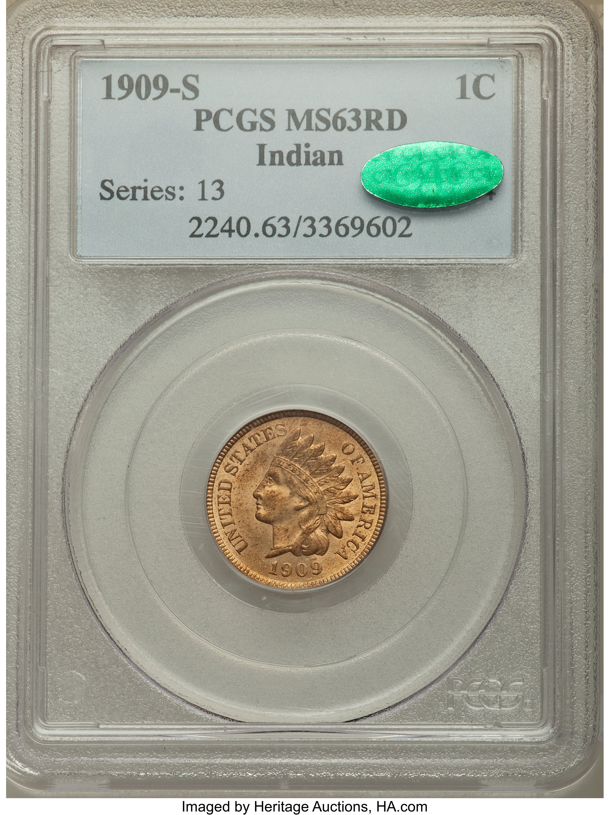1909-S 1C MS63 Red PCGS. CAC. ...