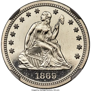 image for: 1869 25C PR66 Cameo NGC. Briggs 2-B....